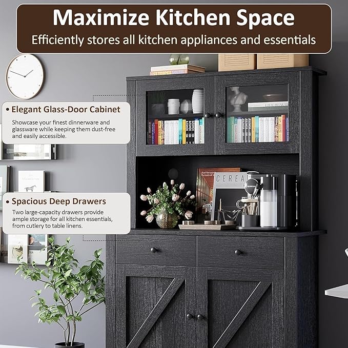 IDEALHOUSE 63" Kitchen Pantry Cabinet with Drawers, Hutch Cabinet with Storage, Microwave Stand, Adjustable Shelves, Freestanding Tall Pantry Storage for Dining Room, Living Room, Black