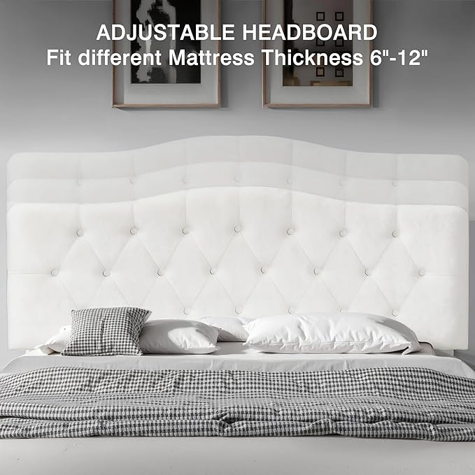 VECELO Queen Size Bed Frame with Upholstered Headboard, Velvet Platform Bedframe Mattress Foundation, Sturdy Wooden Slats Support,No Box Spring Needed Noise Free/Easy Assembly, White