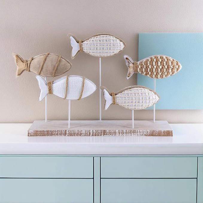 Wooden Fish Figurines with Jute Rope and Cotton String, Fish Sculpture Statues for Home Decoration, Table Top Nautical Decor for Living Room, Bedroom, Beachhouse Home Decor (JuteFish-5)