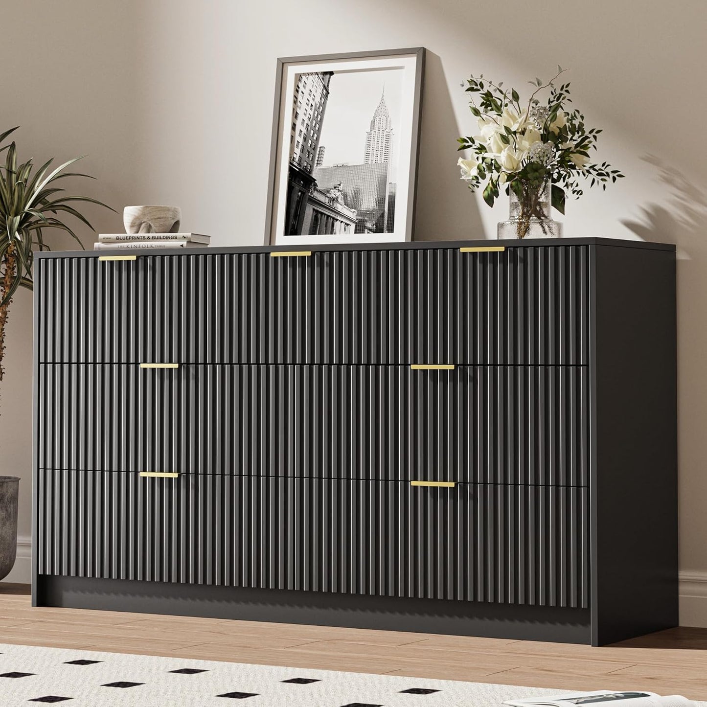 Black 7 Drawer Dresser for Bedroom, Modern Fluted Dresser with Gold Metal Handles, Wide Chest of Drawers for Bedroom, Living Room, Entryway, Hallway, 55.9" L x 15.7" D x 31.4" H