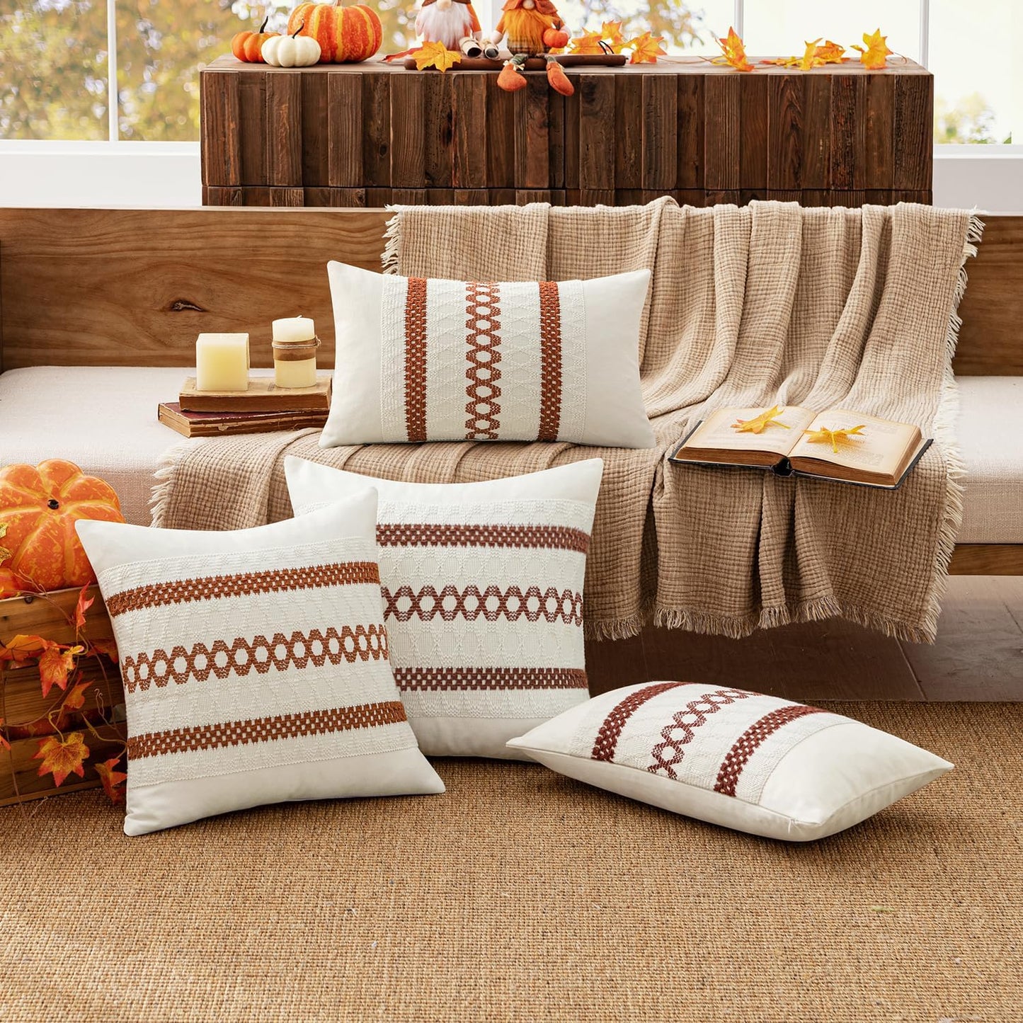 MIULEE Set of 2 Burnt Orange Fall Decorative Pillow Covers 20x20 Inch Farmhouse Rustic Boho Couch Throw Pillows Modern Cotton Cushion Covers Retro Cute Macrame Woven Home Decor for Bed Sofa Chair