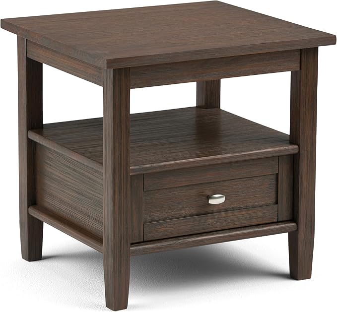 SIMPLIHOME Warm Shaker End Table - 20 inch Wide Solid Wood Side Table in Farmhouse Brown, Transitional Accent Table for Living Room or Bedroom with Drawer, Open Shelf and Square Tapered Legs