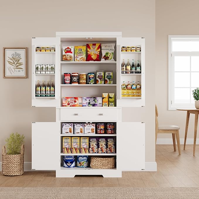 72" Tall Kitchen Pantry Cabinet with 6 Door Shelves, 2 Cabinets & 4 Adjustable Shelves, Freestanding Storage Cabinet for Kitchen, Living Room, Dining Room, White