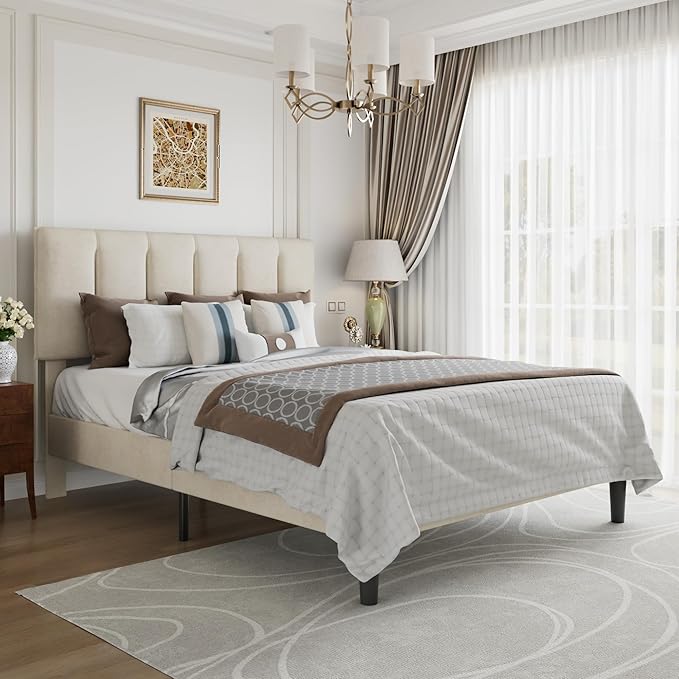 VECELO Full Size Bed Frame with Upholstered Headboard, Heavy-Duty Bedframe with Strong Wooden Slats Support, No Boxing Spring Needed, Pale Beige