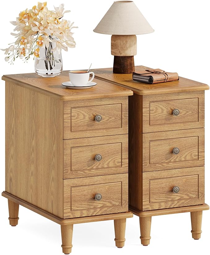 LITTLE TREE Fully Assembled End Table, Set of 2, Narrow Bedside Table with 3 Drawers, Vintage Nightstand for Small Spaces, Living Room, Bedroom, Natural Color