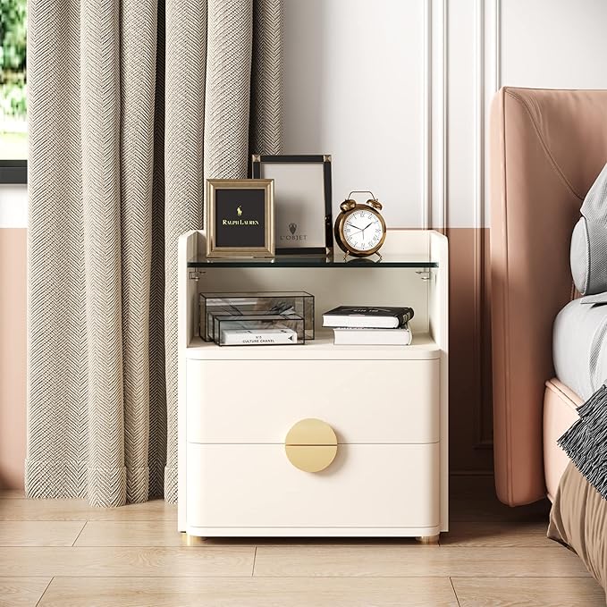 Nightstand with 2 Drawers, Modern Night Stand with Open Storage Space, Wood Bed Side Table for Bedroom, Tempered Glasses Beige End Table with Gold Round Metal Legs for Living Room, Easy Assembly