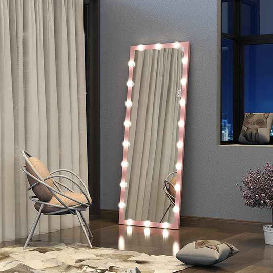 Full Length Mirror with Lights, 65" x 24" Led Standing Mirror, Wall Mounted and Floor Standing Bulbs, Wall Mounted for Bedroom,Dimming&3 Color Modes (Pink)