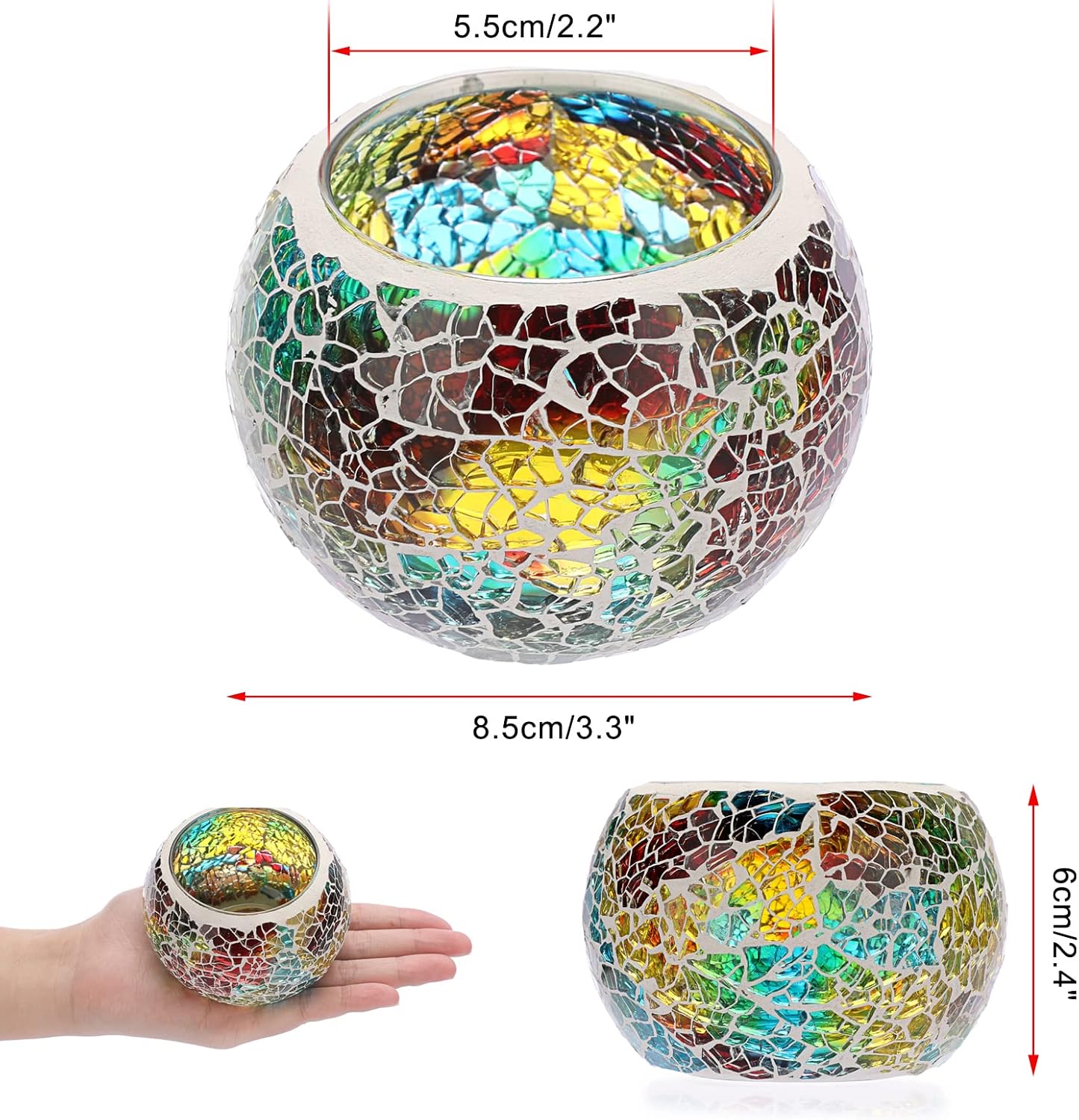 OwnMy Set of 3 Colorful Mosaic Glass Tea Light Holders Round Bowl Votive Candle Holders Pillar Candle Stands, Glass Mosaic Tealight Holders Potted Plant Bowl Vase Candle Centerpiece for Table Wedding