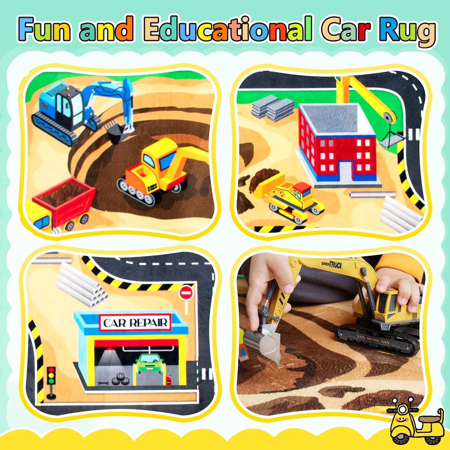 Kids 4x6 Ft Construction Site Play Rug, Baby Play Mat, Tufted Wool & Rubber, Non-Slip, Stain & Fade Resistant, Machine Washable, Rustic Cartoon Construction Site Pattern