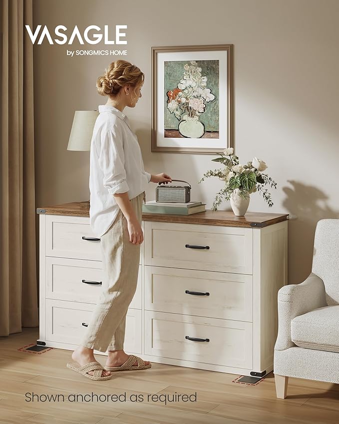 VASAGLE LIRY Collection - 6-Drawer Dresser for Bedroom, 54-Inch Wide Modern Farmhouse Chest of Drawers with Metal Handles, TV Stand, for Living Room, Entryway, Anti-Tipping, Rustic White ULTS661WJ01S
