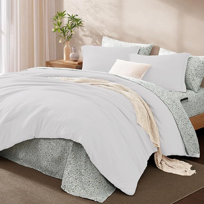 Monbix Queen Comforter Set - 7 Pieces White Prewashed Bed in a Bag Queen Bedding Sets with Comforters, All Seasons Ultra Soft Comforter Bed Set with Sheets, Pillowcases & Shams
