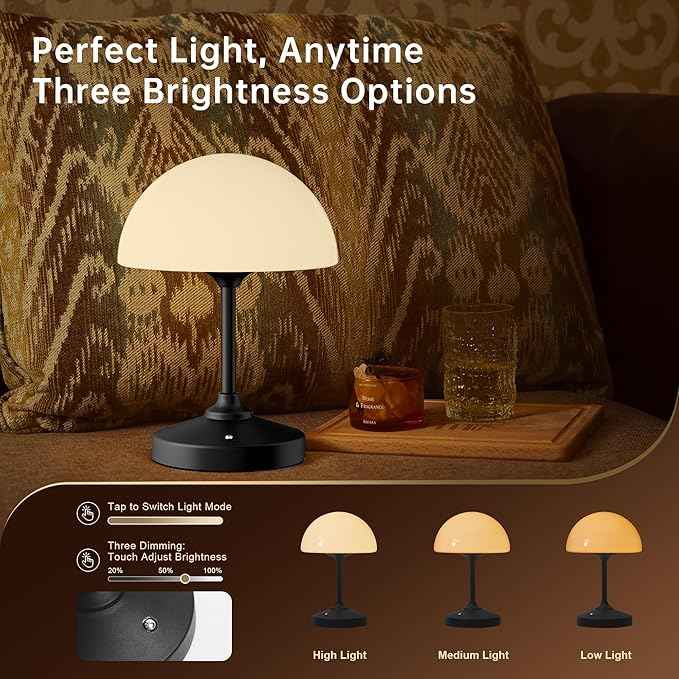 Mushroom Lamp Cordless Lamp Table Lamp,Outdoor Waterproof Shower Lamps,5000mAh Rechargeble Battery Operated Dimmable Touch Desk Lamps,LED Night Light for Bathroom Patio Camping Outdoor(Black)