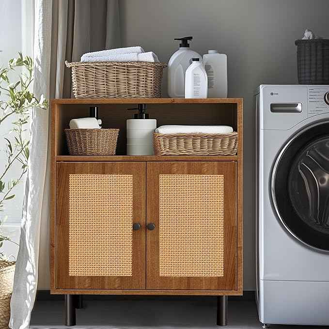 Rattan Storage Cabinet, Boho Accent Cabinet with Double Doors, Small Freestanding Sideboard for Hallway, Laundry Room,Kitchen, Dining Room, Entryway (Walnut)