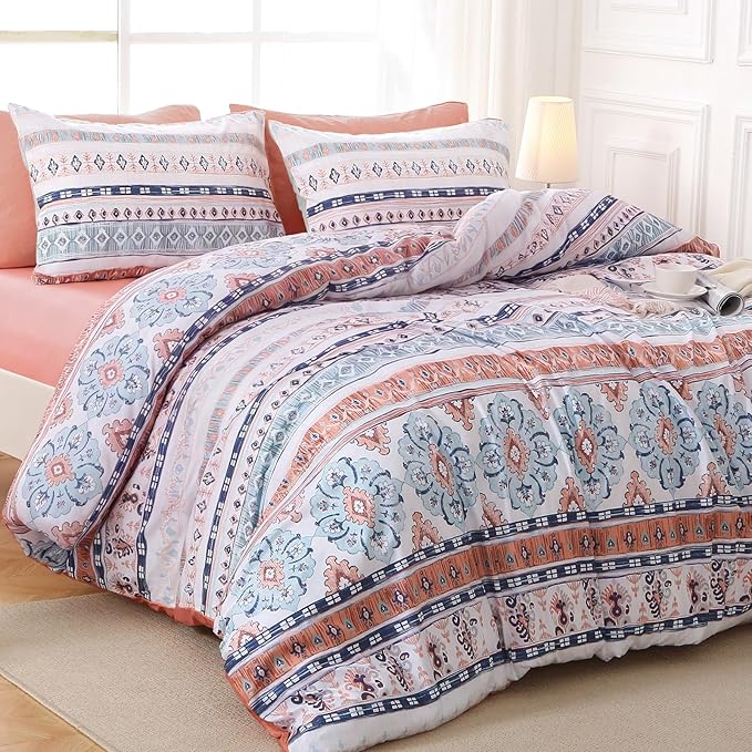 MUXHOMO Boho Pink Bed in a Bag King 7 Pieces, King Comforter Set Reversible Botanical Flowers Design, Ultra Soft & Breathable Bedding Sets with Comforter, Sheets, Pillowcases & Shams