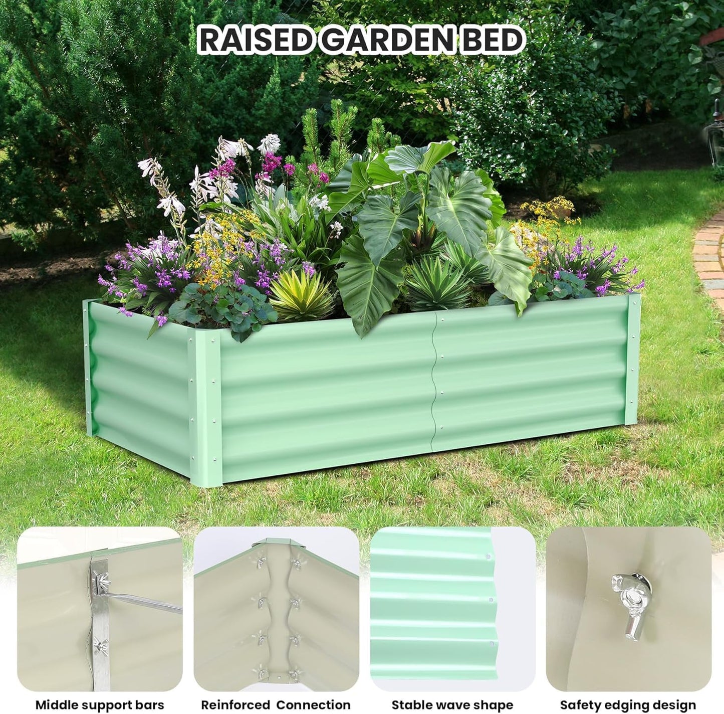6x3x1ft Large Outdoor Planter Boxes Kit Set of 2, Galvanized Raised Bed Planter with Open-Ended Base Design, Elevated for Outdoor Plants, Durable Raised Bed for Gardening,Green