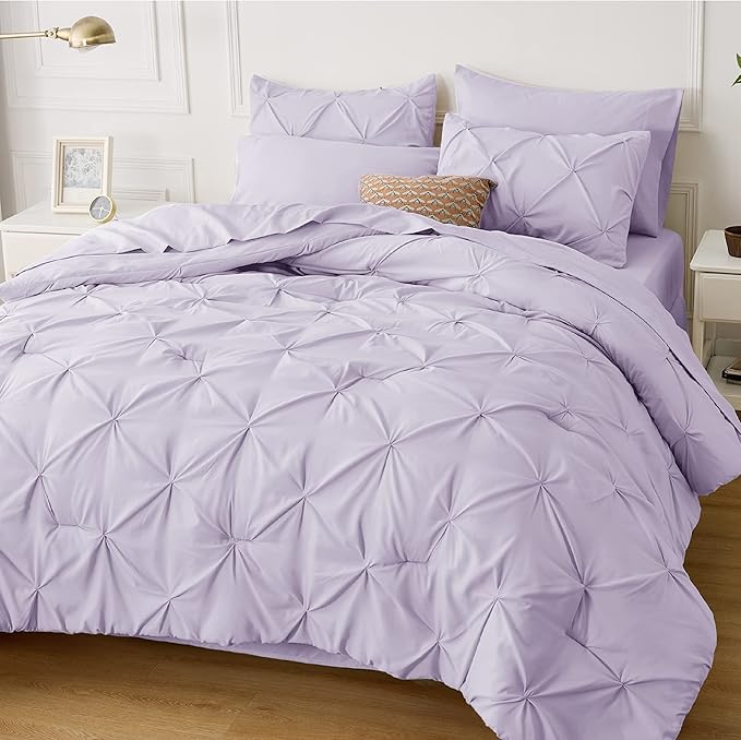 Bedsure Twin XL Comforter Set - Extra Long 5 Pieces Dorm Bedding Sets, GentleSoft™ Pinch Pleat Light Purple Bed in a Bag with Pintuck Comforter, Sheets, Pillowcase & Sham