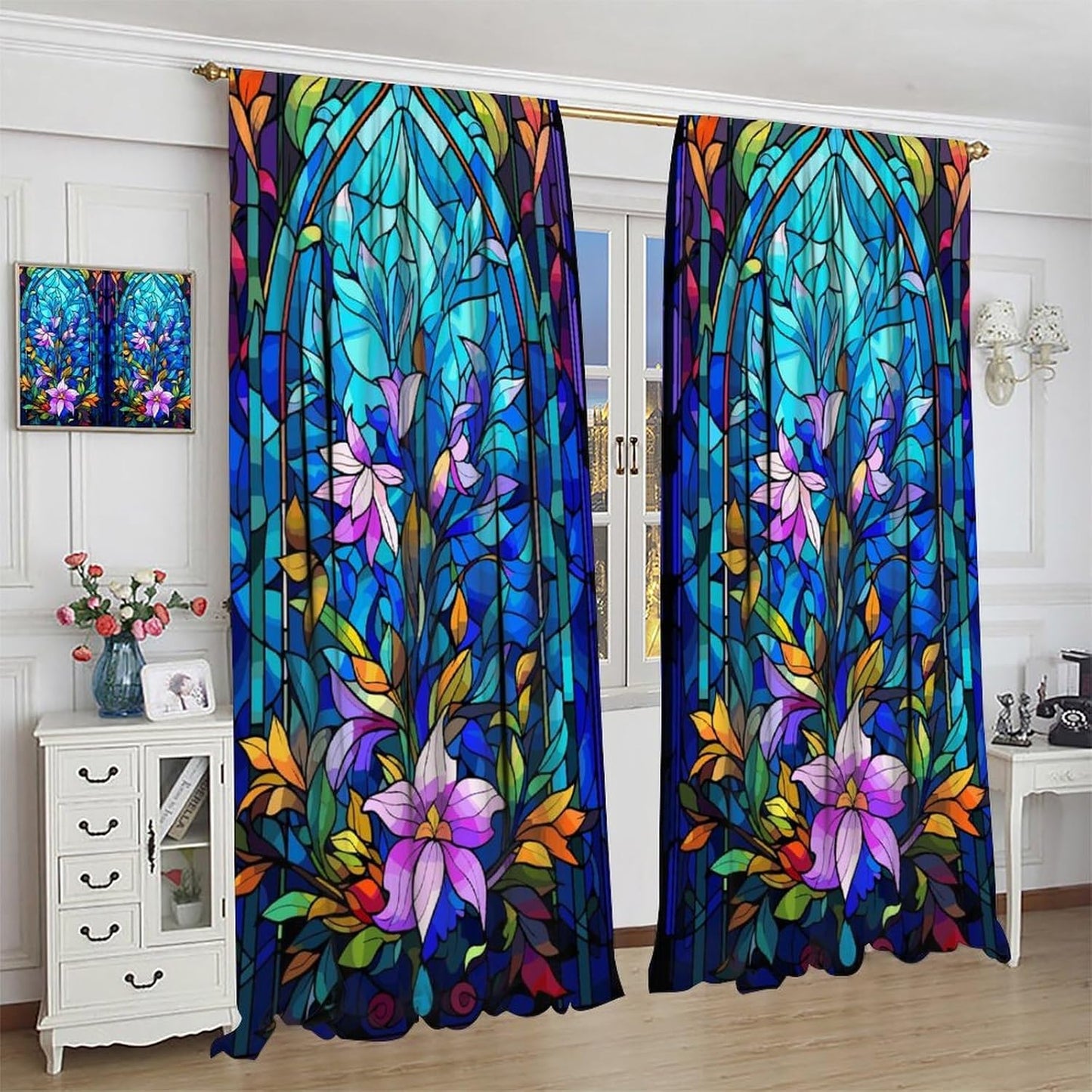 Stained Glass Curtains,Abstract Colorful Floral Geometric Art Home Decor Drapes for Bedroom Living Room Kitchen Window Treatment 2 Panels Set Total Size 84" W X 84" L Inch