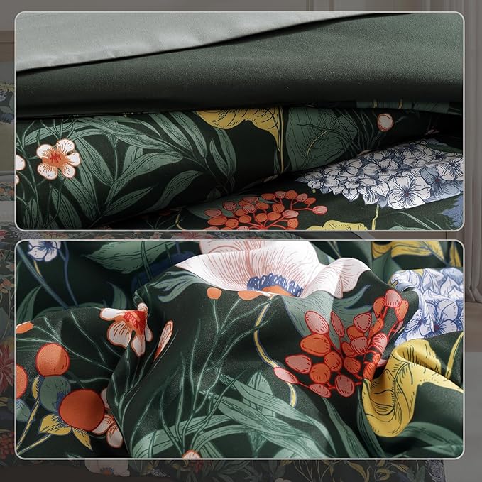 CASAAGUSTO Queen Comforter Set-7 Pieces Green Botanical Floral Bedding, Flowers Printed Design Queen Bed in a Bag with Botanical Flowers Comforter, Sheets, Pillowcases & Shams