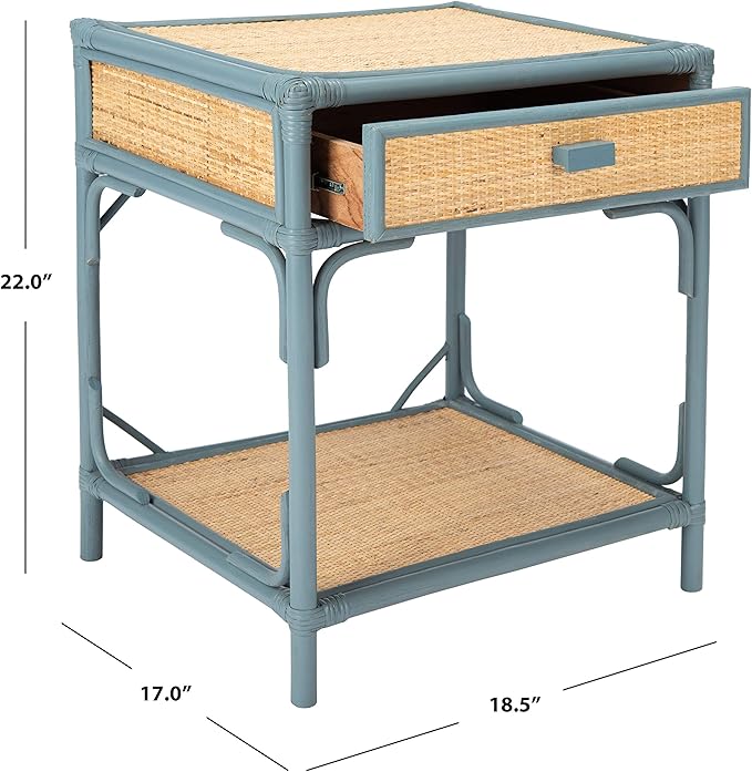 SAFAVIEH Home Collection – Roya Blue Grey & Natural Nightstand with Drawer & Shelf, Coastal Accent Table, Bamboo-Style Frame & Rattan Drawer (NST4005B)