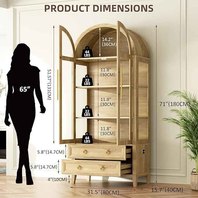 Arched Curio Cabinet with Glass Doors, 4-Tier Display Cabinet with 2 Drawers, Tall Bookcase with 3 Color Lights, Display Case, Kitchen Pantry (Wood)