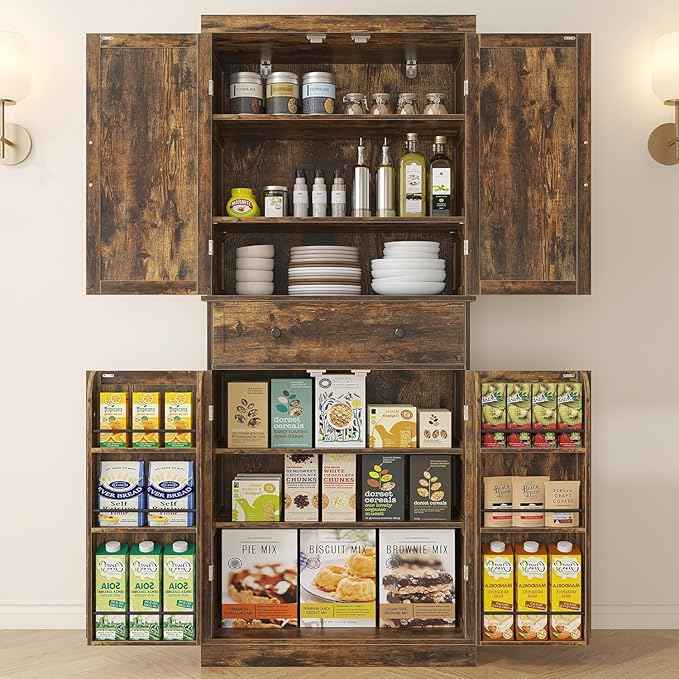 72" Tall Kitchen Pantry Cabinet, Rusty-Brown Pantry Storage Cabinet with Adjustable Shelves, Barn Doors and Drawer Farmhouse Cupboard for Kitchen, Dining Room, Bathroom (16" D x 30" W x 72" H)