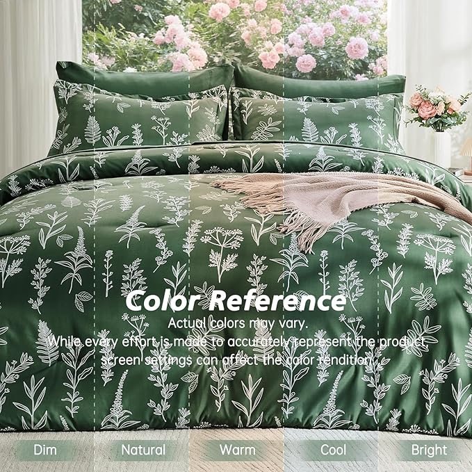 MUXHOMO Dark Green King Comforter Set, Elegant Floral Print Bed in a Bag 7 Pieces, Ultra Soft & Breathable Reversible Botanical Pattern Bedding Set with Comforter, Sheets, Pillowcases, and Shams