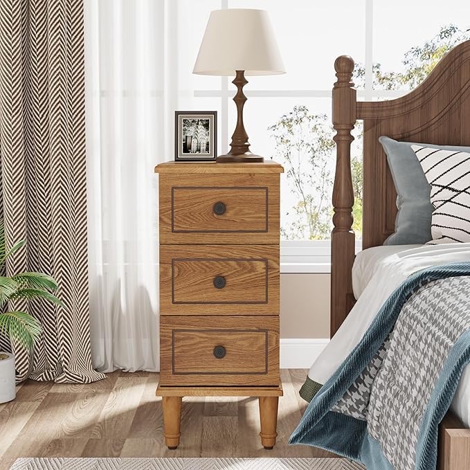 Tribesigns Solid Wood End Table Set of 2, Fully Assembled Narrow Side Table with Drawers, Pre-Assembled Nightstand Slim Bedside Table for Small Spaces, Living Room, Bedroom, Wood