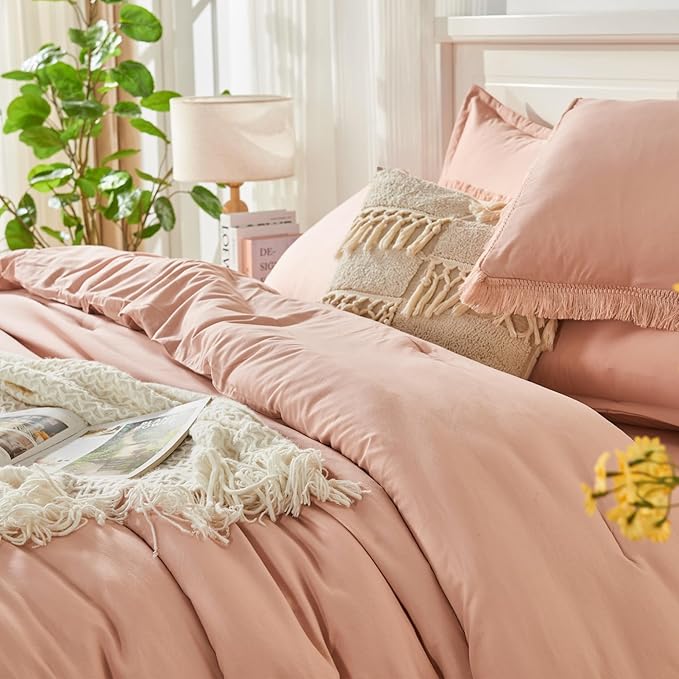Andency California King Size Comforter Set with Sheets Pink - 7 Pieces Cal King Bed in a Bag Boho Bedding Sets, Pink Bed Set with Comforter, Sheets, Pillowcases & Shams