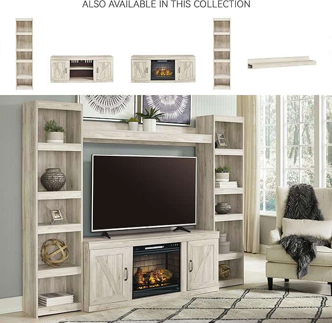 Signature Design by Ashley Bellaby Farmhouse 4-Piece Entertainment Center for TVs up to 69" with Electric Fireplace, Whitewash