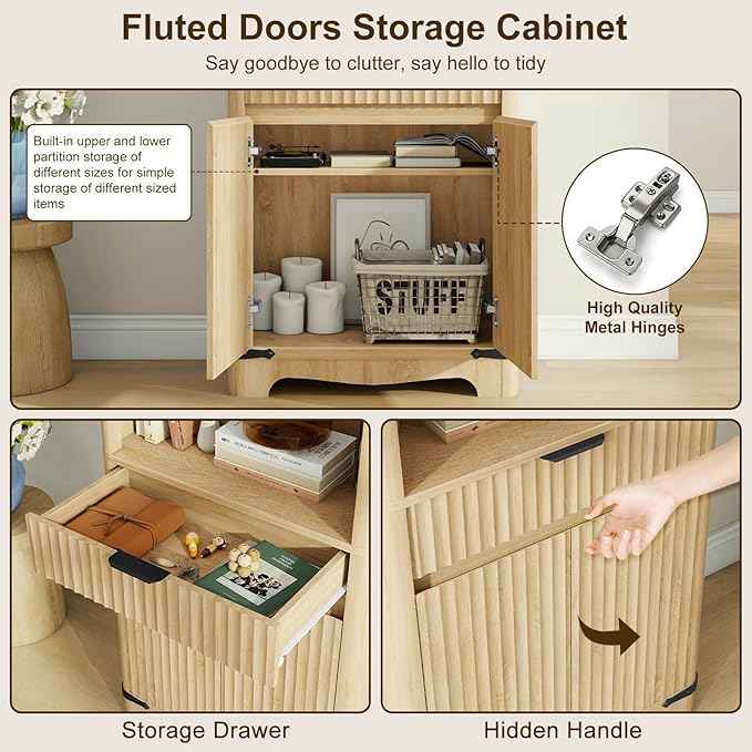 Fluted Bookcase with Doors and Drawer, Modern Farmhouse 70.47'' Tall Narrow Bookshelf with Storage, Wooden Floor Standing 6 Shelf Display Book Shelf Organizer for Home Office, Living Room, Oak