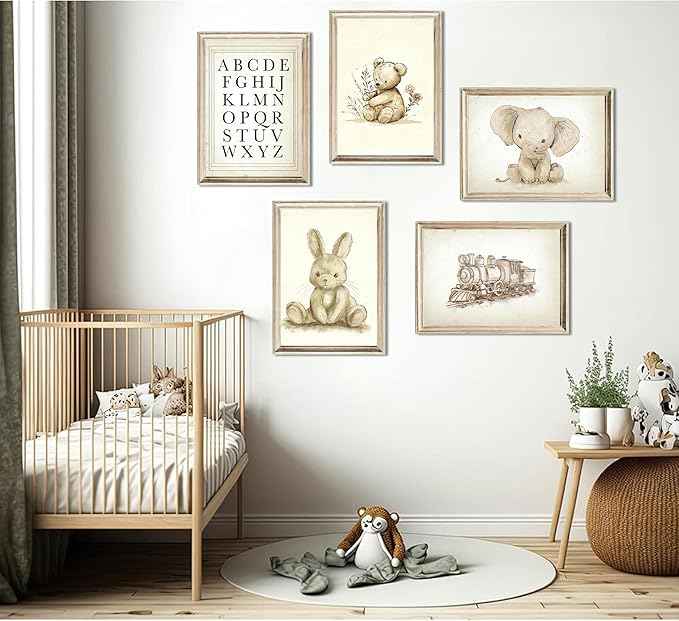 Vintage Nursery Wall Art Cute Animals Canvas Posters Prints Bear Rabbit Elephant Painting Artwork Retro Farmhouse Children's Playroom Educational enlightenment Wall Decor 8x10 Inch Unframed Set Of 5