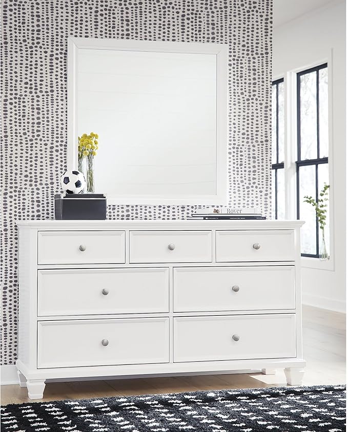 Signature Design by Ashley Fortman Casual Dresser and Mirror, Tapered Feet, 7 Storage Drawers, Round Satin Nickel Metal Knobs, Wood, 74.13" High, White