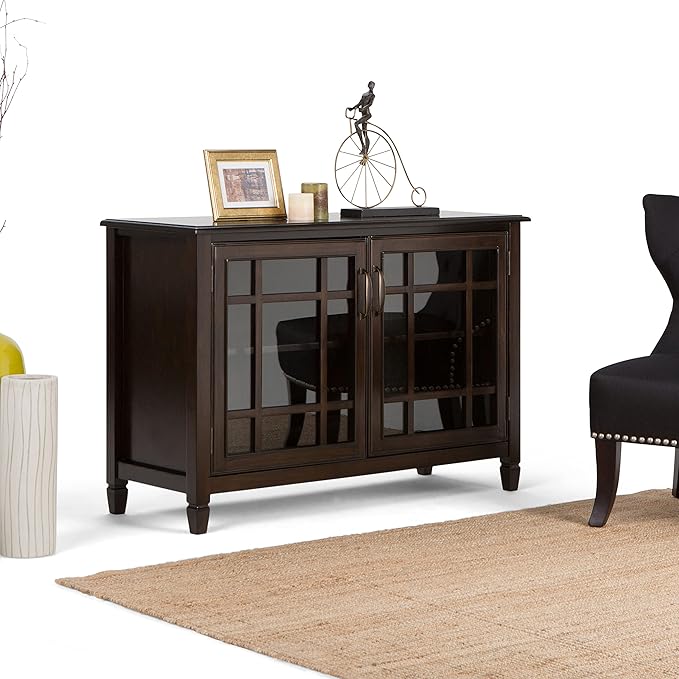 SIMPLIHOME Connaught Storage Cabinet - 46 inch Wide Solid Wood Low Storage Cabinet in Dark Chestnut Brown, Traditional Console for Living Room, Entryway, or Dining Room with Glass Doors and Shelves