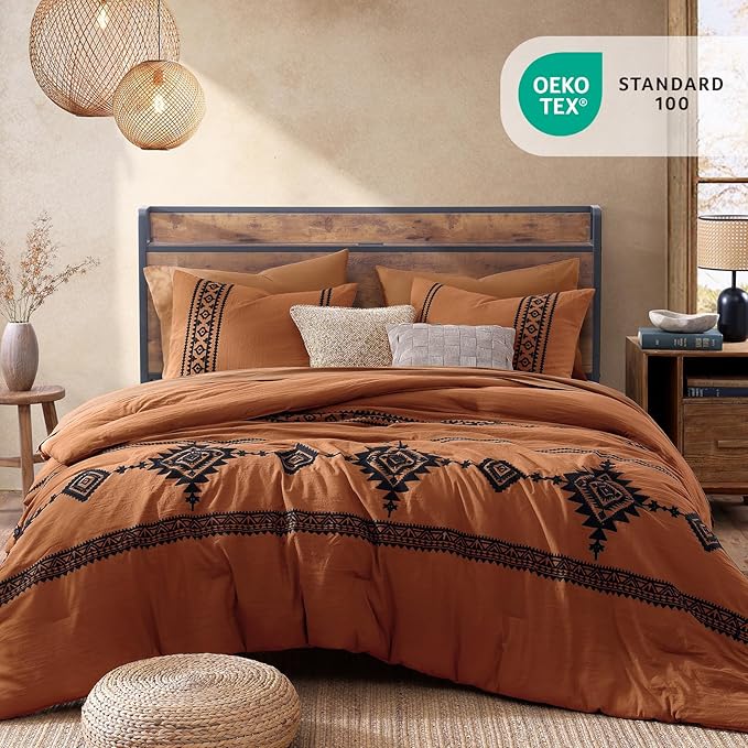 MaiRêve Embroidery Comforter Set, Boho Farmhouse Western Bedding Set, All Season Bed in A Bag Comforter Set with Sheets, Pillowcases & Shams, Burnt Orange California King 7 Pieces