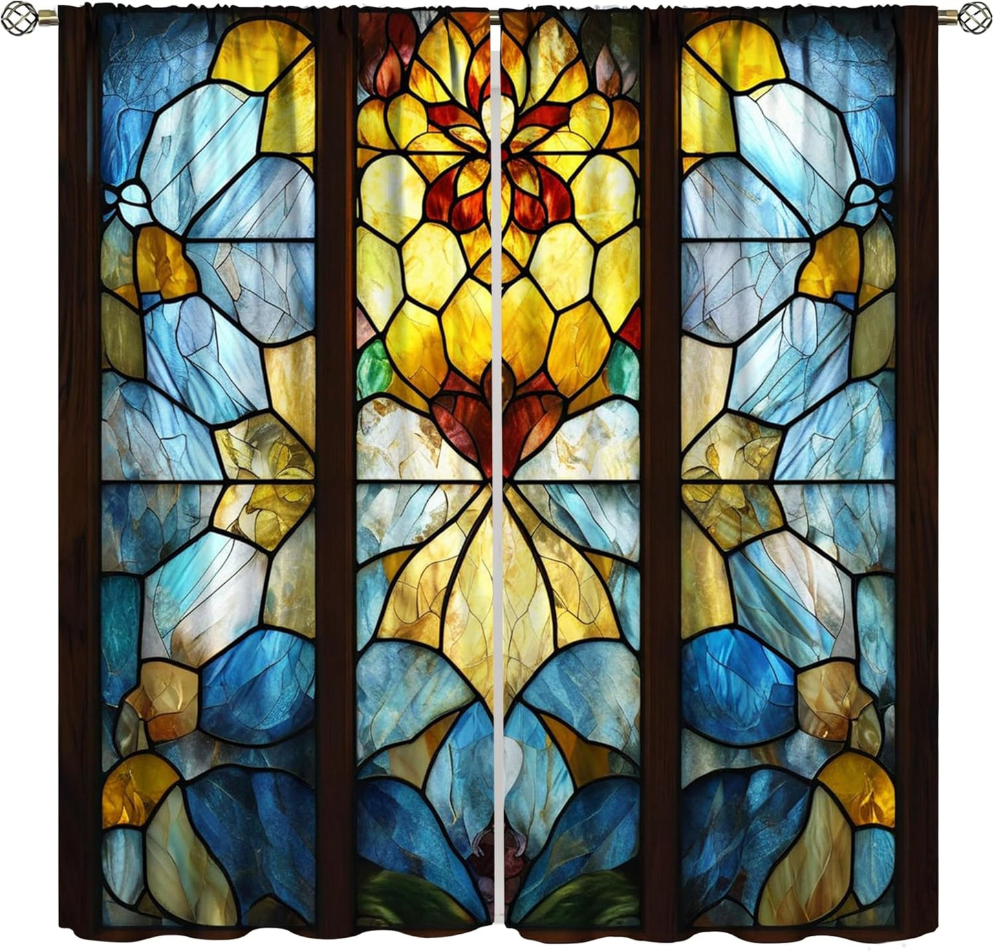 Stained Glass Curtains,Retro Abstract Colorful Art Home Decor Drapes for Bedroom Living Room Kitchen Window Treatment 2 Panels Set Total Size 55" W X 63" L Inch