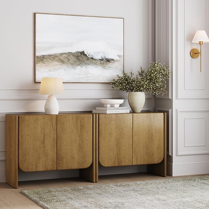 Nathan James Jacala Mid Century Modern Entryway Storage Cabinet with Doors, Living Room Accent Cabinet with Wood Frame, Light Brown Set of 2
