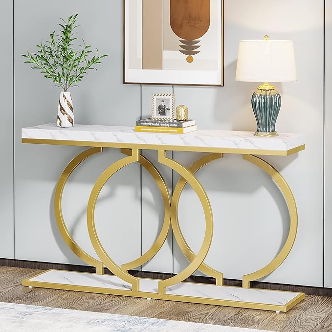 Tribesigns Gold Console Table, 55 inch Modern Entryway Table with Geometric Metal Frame, Faux Marble Narrow Long Sofa Table for Living Room, Entrance, Hallway, White and Gold