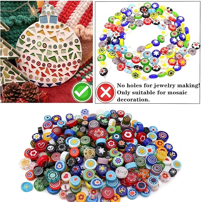 Youway Style Millefiori Mosaic Tiles for Crafts, Mosaic Glass Pieces,No-Hole Millefiori Glass Beads, Mosaic Kits for DIY Holiday Ornaments