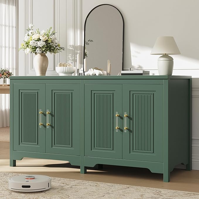 55" Buffet Cabinet with Storage, Modern Fluted Door Design Sideboard Buffet Cabinet with Adjustable Shelf, Coffee Bar Station for Kitchen, Dining Room, Green
