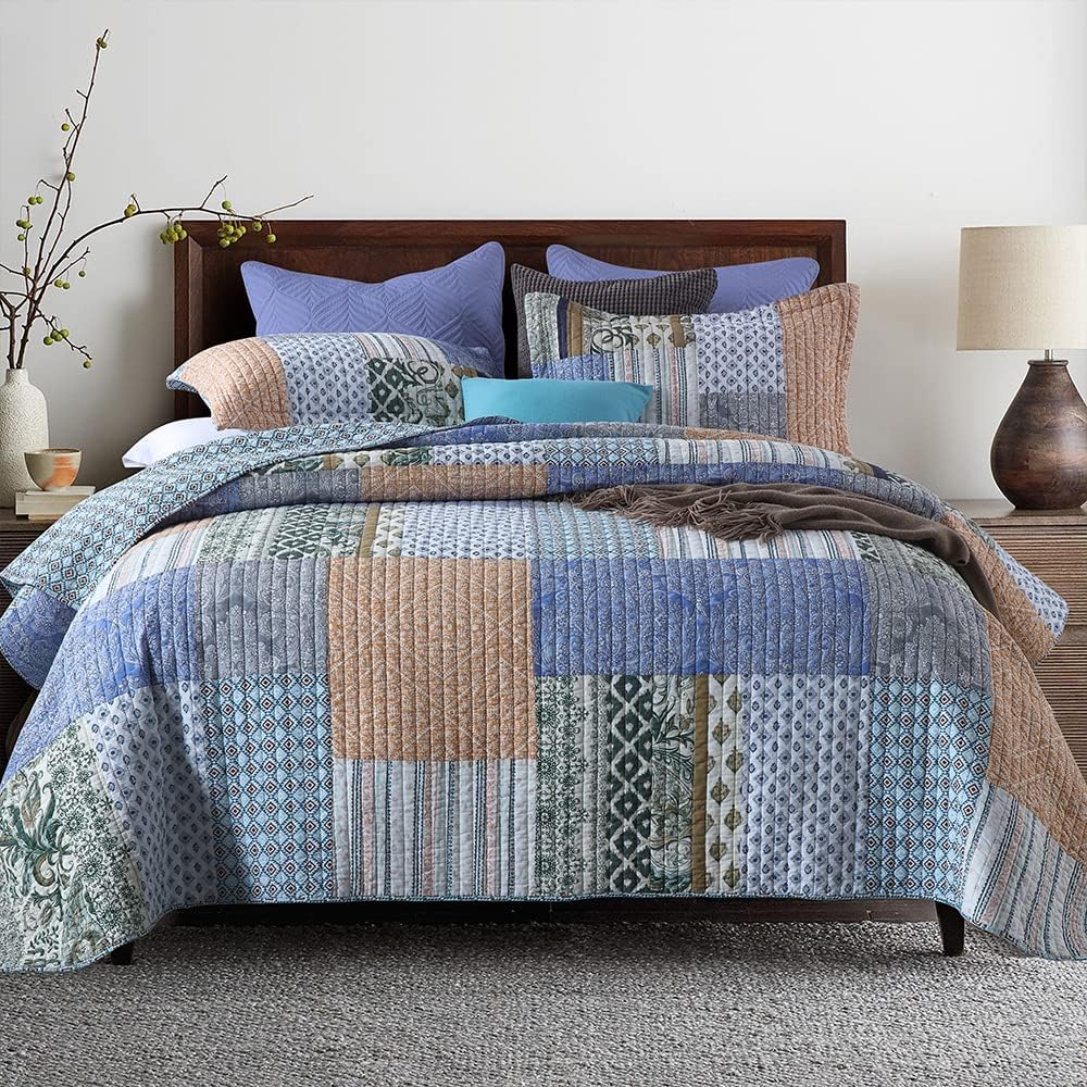 Autumn Dream Cotton Bedspread Quilt Sets Reversible Bedding Coverlet Sets Comforter, Vintage Floral Patchwork Red Blue Bedspread, King Size (Blue Bohemian Patchwork, Queen (90 by98 Inch))