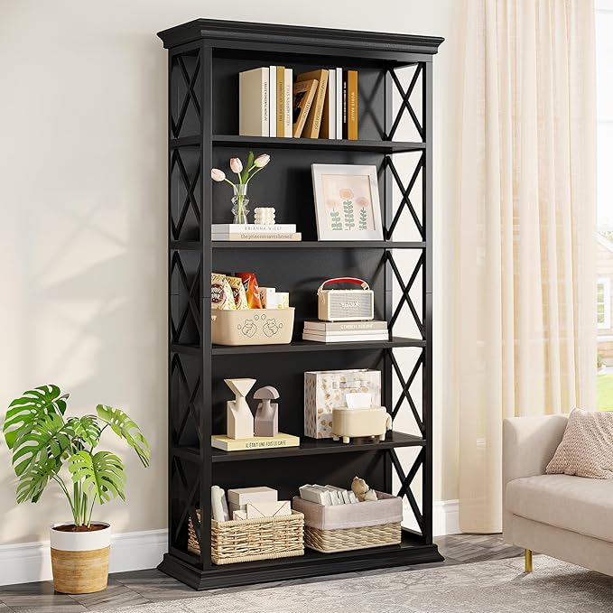 Tribesigns 6-Tier Bookcase Set of 2, 71 Inches Industrial Bookshelves and Bookcases, Floor Standing 5 Shelf Display Storage Shelves Tall Bookcase for Home Office, Living Room, Bed Room, Black