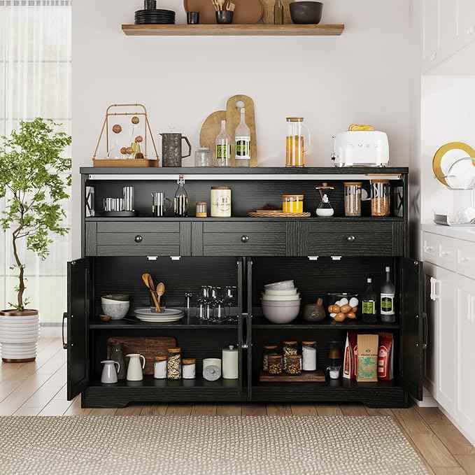52" L Modern Farmhouse Sideboard Buffet Cabinet, Black Storage Cabinet with Drawers & Shelves, Kitchen Pantry Hutch, Coffee Bar Station Table for Living Room, Dining Room, Entryway
