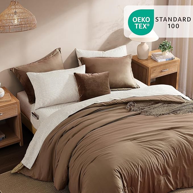 Monbix King Size Comforter Set - 7 Pieces Brown Prewashed Bed in a Bag King Bedding Sets with Comforters, All Seasons Ultra Soft Comforter Bed Set with Sheets,Pillowcases & Shams