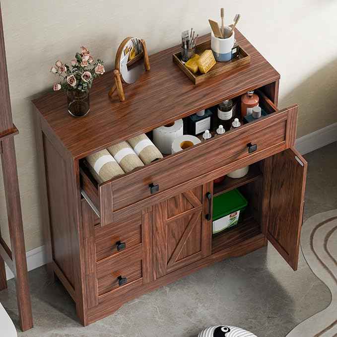 Vabches Farmhouse Storage Cabinet with 2 Doors and 4 Drawers, Freestanding Bathroom Storage Cabinet Kitchen Pantry, Floor Hutch Cupboard for Living Room/Bathroom/Kitchen,Walnut