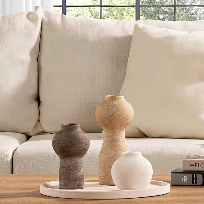 Ceramic Vase Home Table Decor - Flower Vase Set of 3 Living Room Kitchen Decorations Farmhouse Modern Rustic Vases Decorative Centerpiece for Shelf Bedroom Office Bathroom Dining Coffee Desk