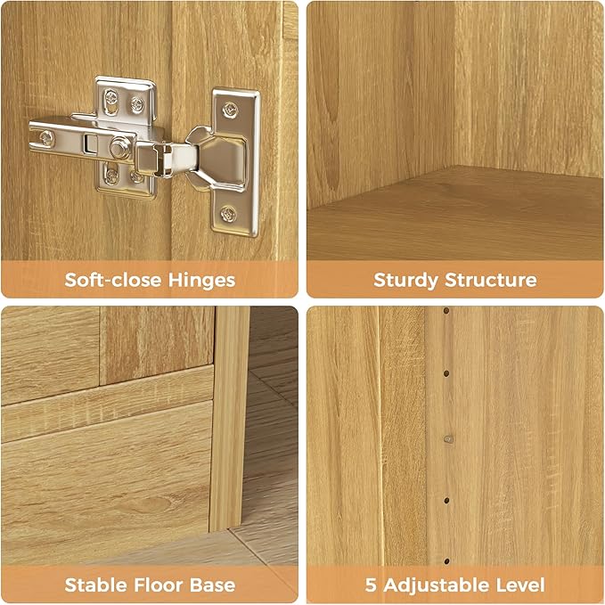 JASIWAY Kitchen Pantry Cabinet, 67" Tall Rattan Storage Cabinet with Doors and Adjustable Shelves, Wooden Linen Pantry Cupboard for Small Spaces Laundry Room Bathroom, Food Snack Towels Storage, Oak