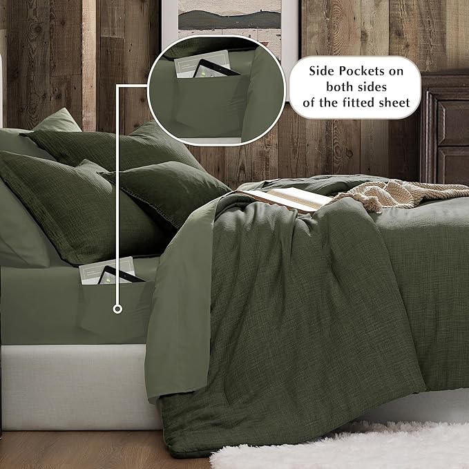 Geniospin King Size Comforter Set- 7 Piece Dark Green Textured King Bedding Set, Soft Solid Bed in a Bag for All Season, King Comforter Set with Sheets(Dark Green,102''x90'')