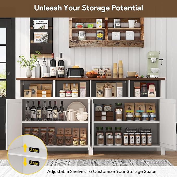 63'' Buffet Sideboard with Storage Farmhouse with 4 Doors, Large Kitchen Storage Cabinet Wood Coffee Bar Cabinet Buffet Table with Shelves for Kitchen, Dining Room, Entryway
