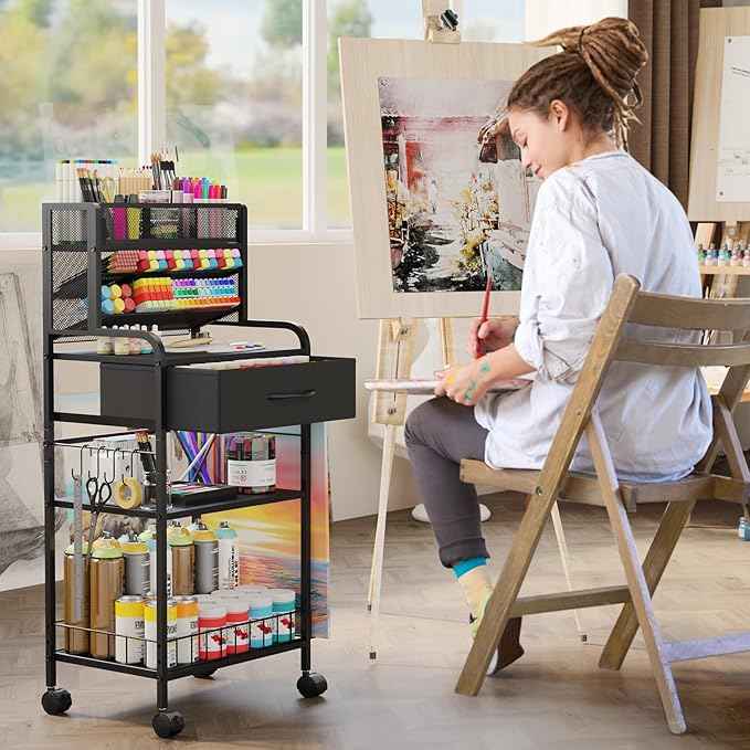 Art cart, 3 Tier Rolling Cart - Utility Cart with Storage Drawer and Wheels, Versatile Art & Craft Organizer for Home, Office, or Studio Ideal for Storing Brushes, Paints (Black)
