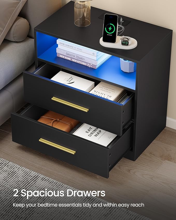VASAGLE Custos Collection - Set of 2 Nightstands with Charging Station, LED Lights, Modern Night Stands, Side End Tables with Drawers, Open Shelf, 2 AC Outlets USB Ports, Ink Black ULET639BC01S-2J